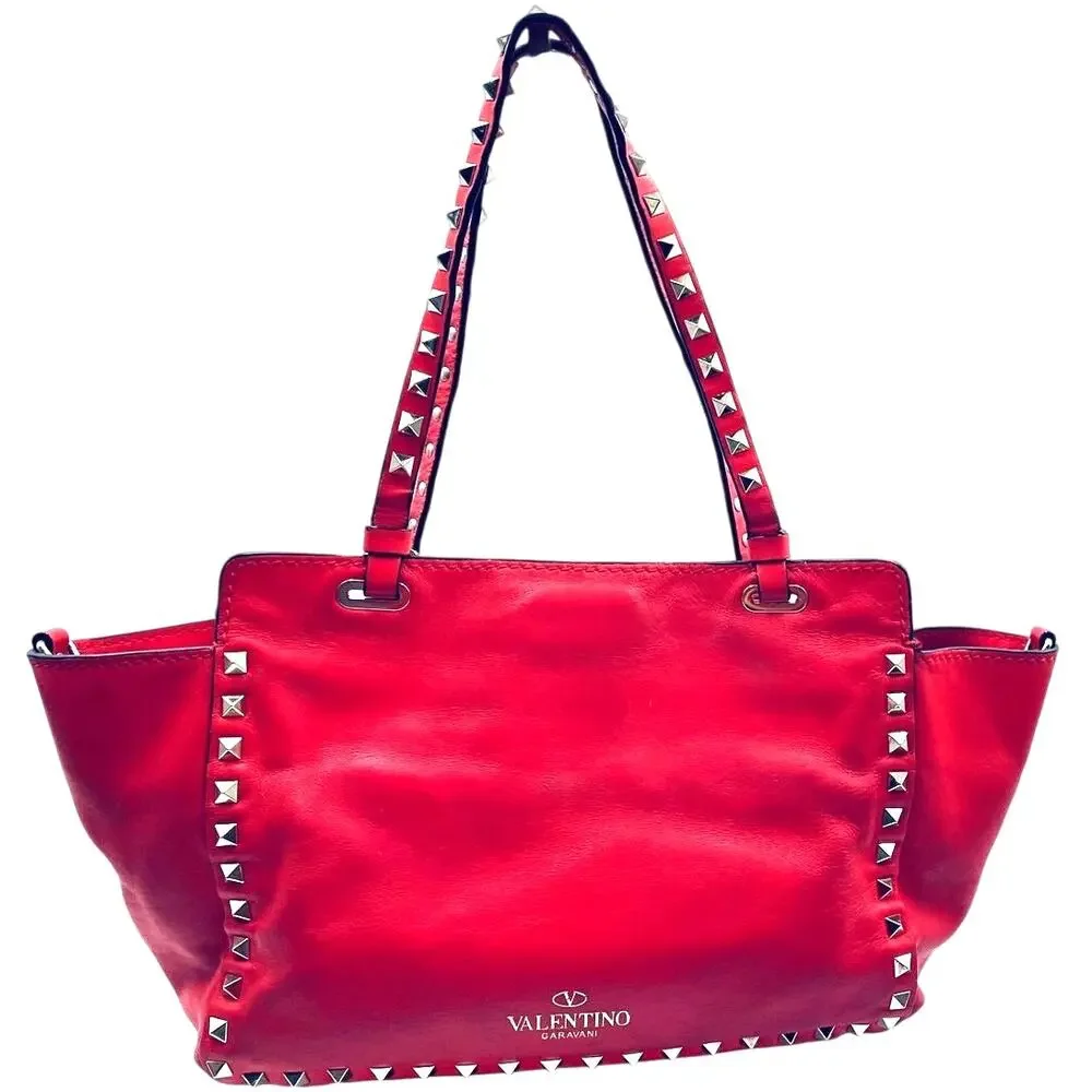 Valentino Garavani Rockstud Red Gold Studded Leather 2Way Satchel Bag Glam Rock